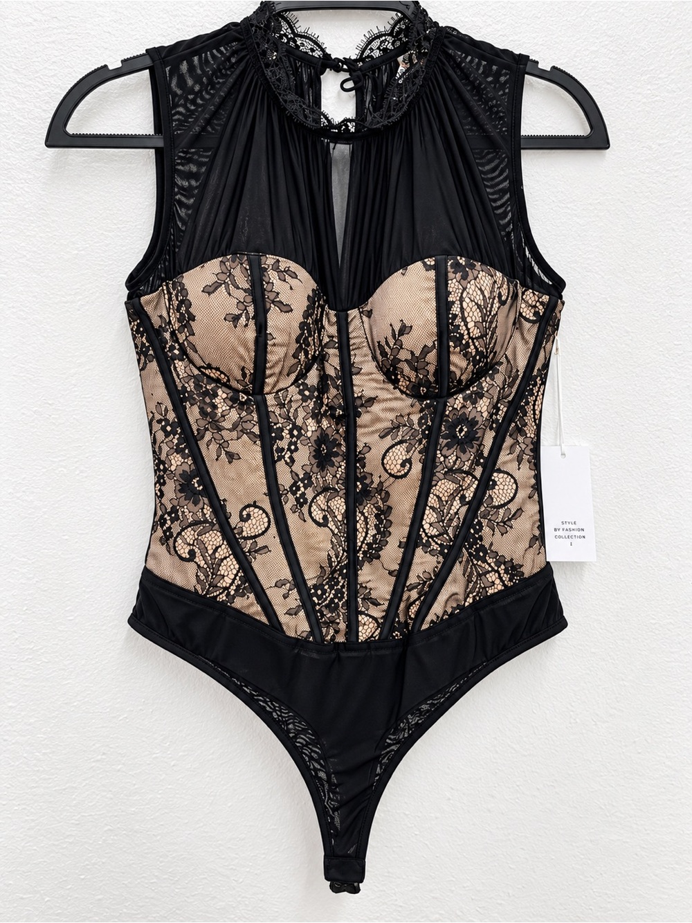 Black Lace-Overlay Nude Bustier Bodysuit with High Neck
